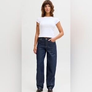 JJXX Fuji Barrel Jeans Mid Waist Relaxed Fit Studded Denim Size 28